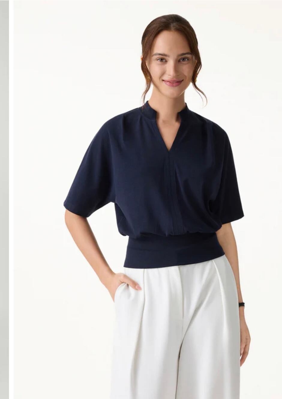 OGL Stand Collar V-Neck Short Sleeve Navy Top Women's Size Large NEW